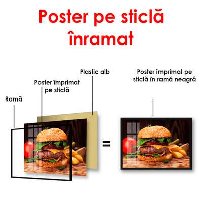 Poster - Burger with fries, 90 x 60 см, Framed poster on glass, Food and Drinks