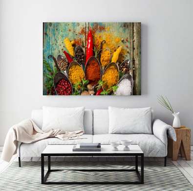 Poster - Bright and fragrant spices in spoons, 45 x 30 см, 30 x 45 см, Canvas on frame, Food and Drinks