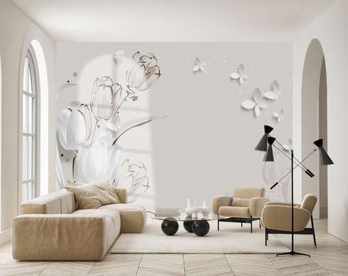 Wall Mural - Delicate tulips with butterflies