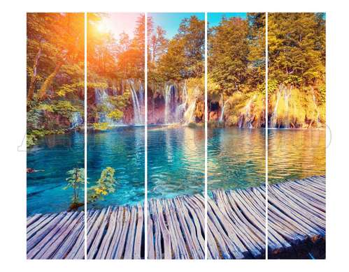 Screen - Bridge against the backdrop of a cascade, forest and clear sky, 3