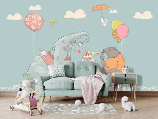 Photo wallpaper for the nursery, Elephant and bear with bunnies at the birthday party