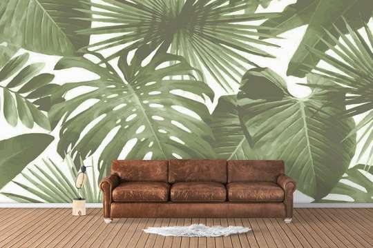 Wall Mural - Green leaves on a white background