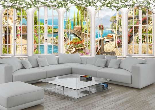 Wall mural with a view of the lake from the arched white windows.