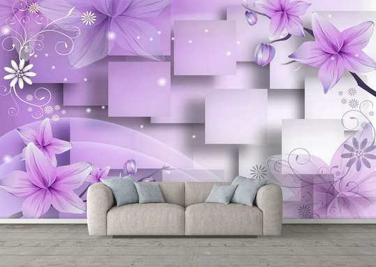 3Д Фотообои - Фиолетовые цветы на 3Д фоне.