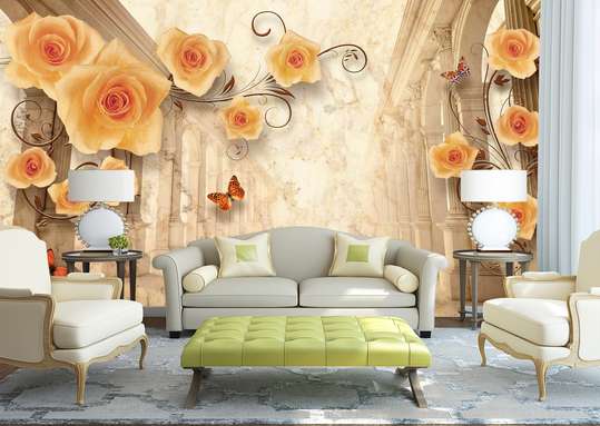 3D Wallpaper - Yellow roses and butterflies on a three-dimensional background