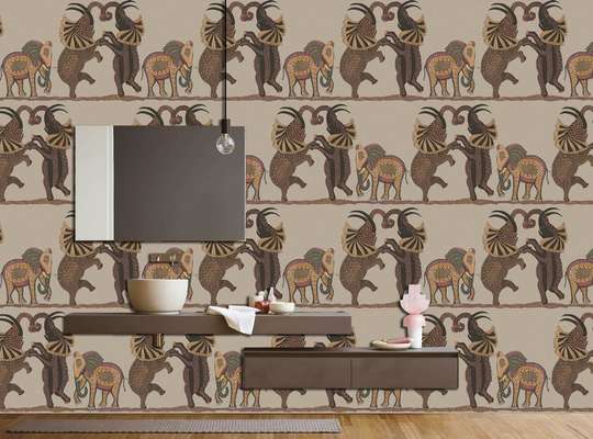 Wall Mural - Brown dancing elephants on a beige background