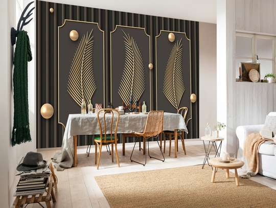 Wall Mural - Golden leaves on a black background