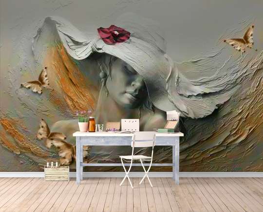 3D Wallpaper- Lady with Hat and butterflies, vintage style