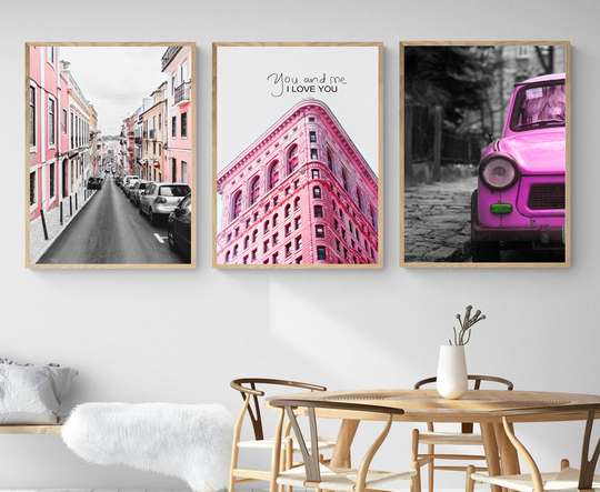 Постер - Розовые элементы города, 60 x 90 см, Постер на Стекле в раме, Наборы