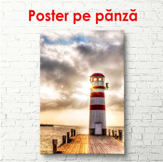 Постер - Маяк на фоне берега на закате, 45 x 90 см, Постер в раме