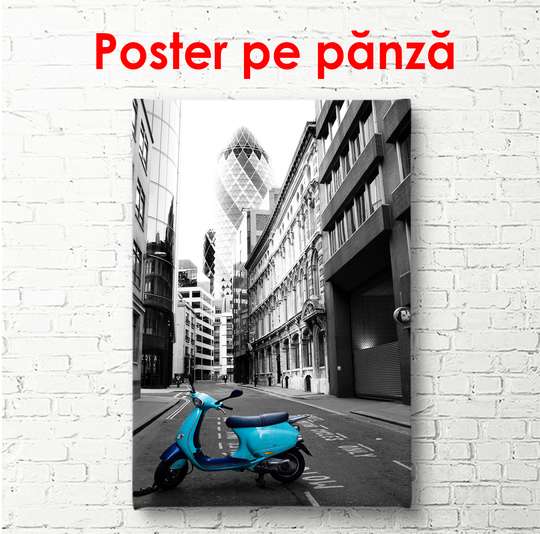 Poster - Blue moped in a black and white city, 60 x 90 см, Framed poster, Black & White
