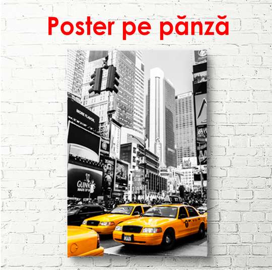 Poster - Taxi galben într-un oraș, 60 x 90 см, Poster înrămat, Alb Negru