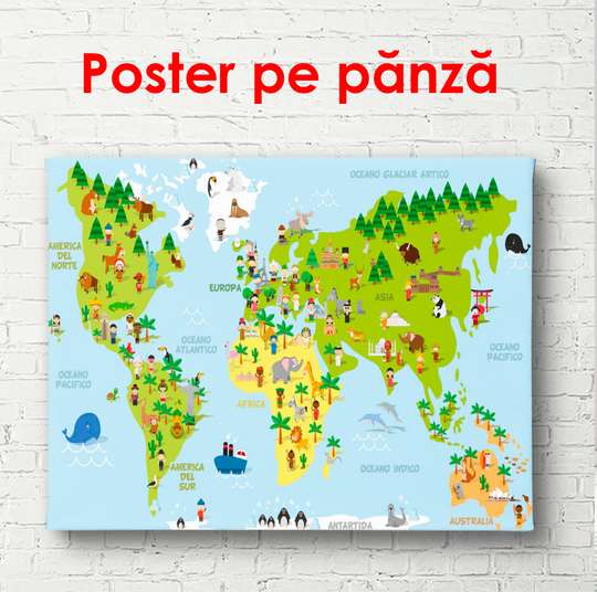 Постер - Детская Карта Мира с зелеными материками, 90 x 60 см, Постер в раме