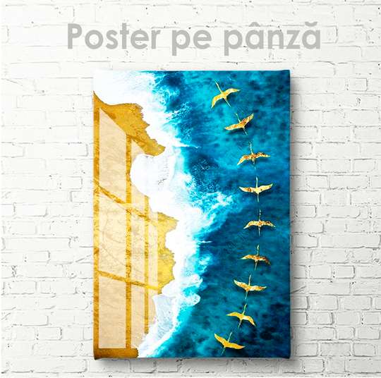 Постер - Стая золотых птиц над морем, 30 x 45 см, Холст на подрамнике