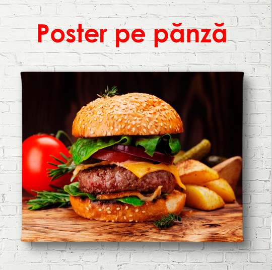 Poster - Burger cu cartofi prăjiți, 90 x 60 см, Poster înrămat