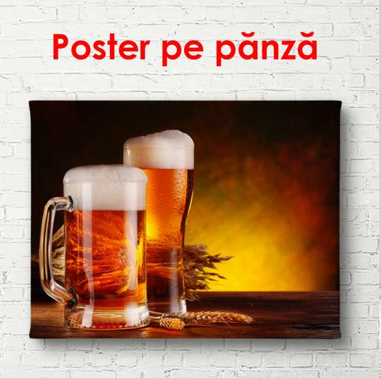 Poster - Două pahare de bere pe fond maro, 90 x 60 см, Poster înrămat