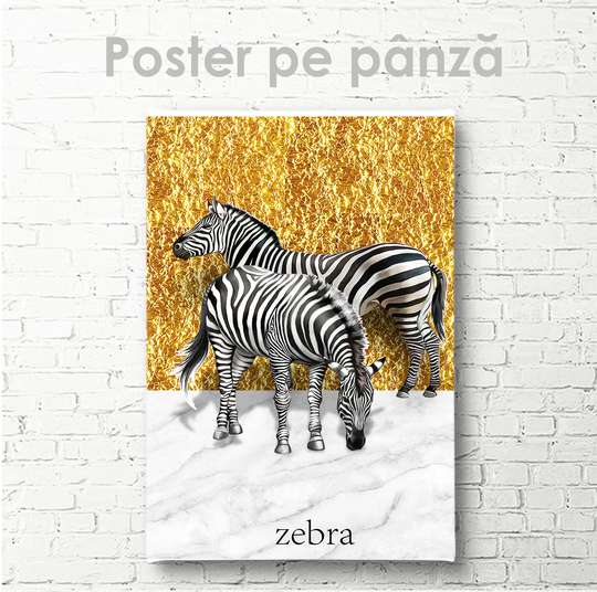 Постер, Зебры на золотом фоне, 30 x 45 см, Холст на подрамнике, Животные