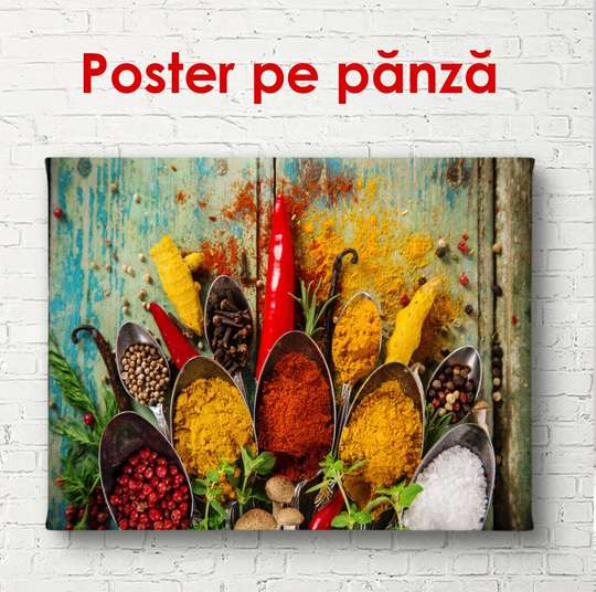 Poster - Bright and fragrant spices in spoons, 60 x 40 см, Framed poster on glass