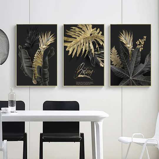 Постер - Золотые с черным листья, 60 x 90 см, Постер на Стекле в раме, Наборы
