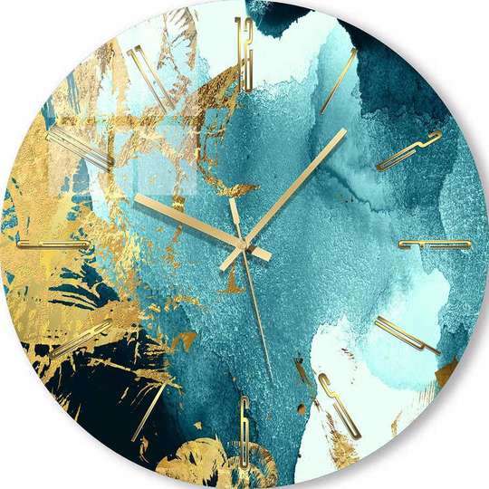 Glass clock - Fluid Art with turquoise and gold, 40cm