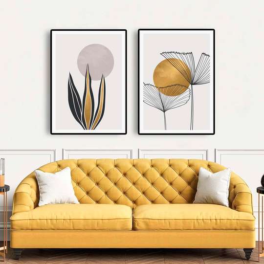 Постер - Растения и золотые элементы, 60 x 90 см, Постер на Стекле в раме, Наборы