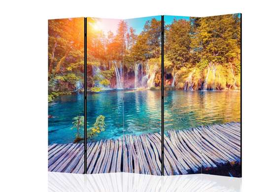 Screen - Bridge against the backdrop of a cascade, forest and clear sky, 7