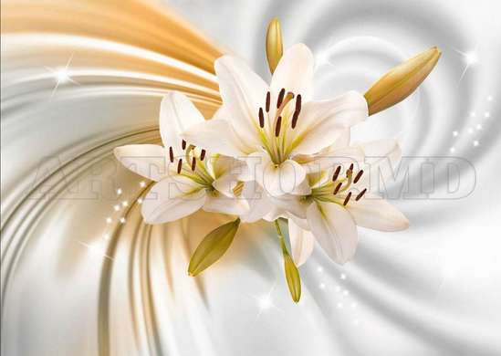 Wall Mural - White lilies on a white silk background