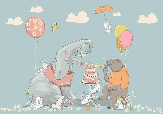 Fototapet - Elefantul, ursulețul și iepurași la petrecea unei zi de naștere