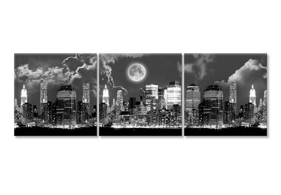 Модульная картина, Черно белый город под луной, 225 x 75