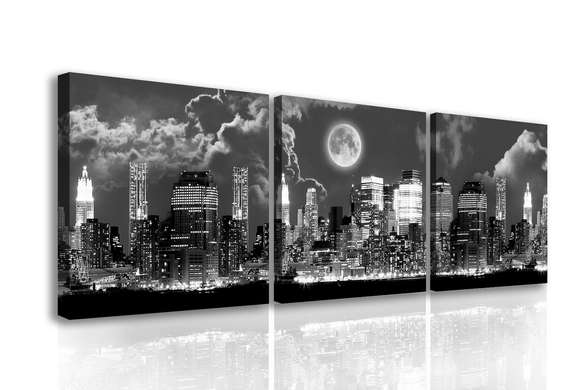 Tablou Pe Panza Multicanvas, Orașul alb-negru sub clar de lună, 135 x 45