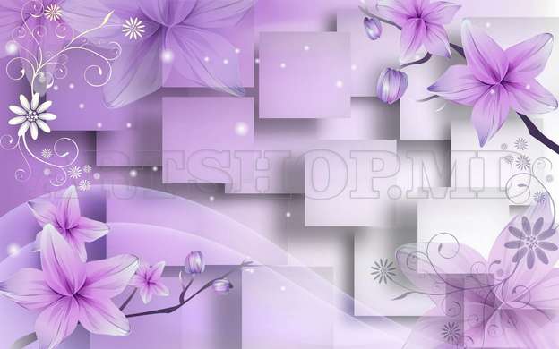 3D Wallpaper - Purple flowers on a 3D background.