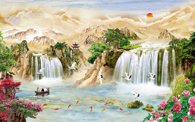 Wall Mural - Waterfall and Chinese landscape with mountains