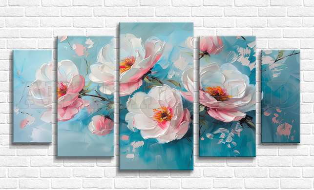 Modular picture, Flowers on a blue background, 108 х 60