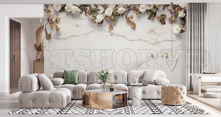 3D Photo Wallpaper- White roses with branches on a white marble background