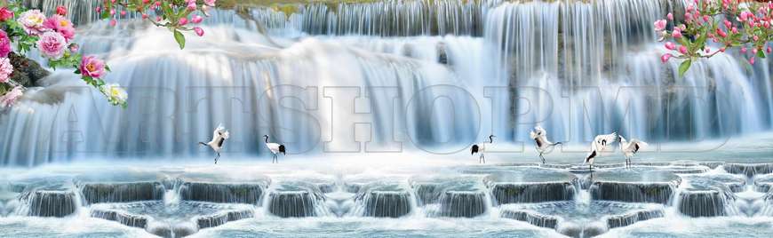 Wall Mural - Beautiful blue waterfall with a lake and storks.