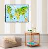 Постер - Детская Карта Мира с зелеными материками, 90 x 60 см, Постер в раме, Города и Карты