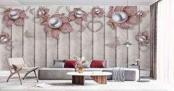 Wall mural - Pink brooch flowers with butterflies