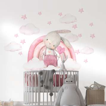 Wall decals, Bunny and rainbow with pale pink stars, SET-M