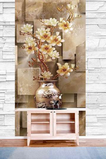 Wall Mural - Vase with flowers on a brown wooden background