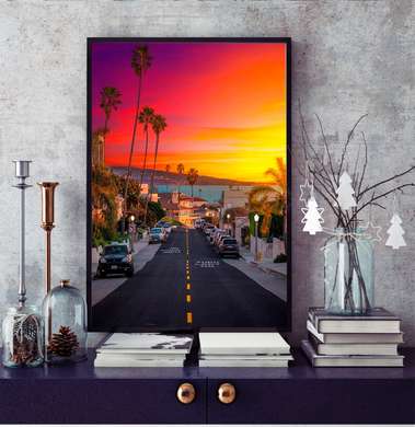 Poster - Apus de soare în Miami, 60 x 90 см, Poster inramat pe sticla, Orașe și Hărți