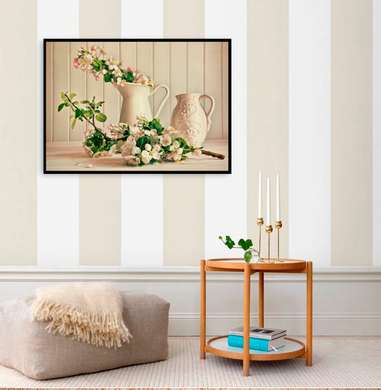 Постер - Цветочный натюрморт с белой вазой с цветами, 90 x 60 см, Постер в раме, Натюрморт