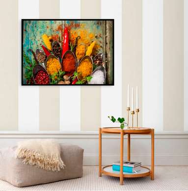 Poster - Indian spices in spoons, 90 x 60 см, Framed poster on glass, Food and Drinks