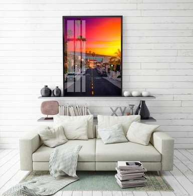 Poster - Apus de soare în Miami, 60 x 90 см, Poster inramat pe sticla, Orașe și Hărți