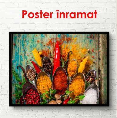 Постер - Индийские специи в ложках, 45 x 30 см, Холст на подрамнике, Еда и Напитки
