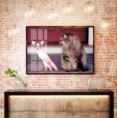 Постер, Кот и собака, 45 x 30 см, Холст на подрамнике, Животные