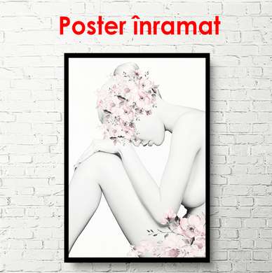 Poster - Fată și flori roz, 30 x 60 см, Panza pe cadru, Alb Negru