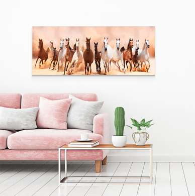 Poster, O turmă de cai sălbatici, 150 x 50 см, Poster inramat pe sticla