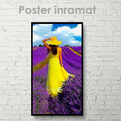 Poster - Fată în câmpul de lavandă, 45 x 90 см, Poster inramat pe sticla