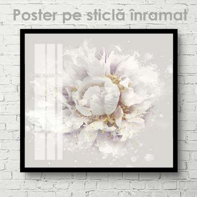 Постер - Нежный цветок с золотыми деталями, 40 x 40 см, Холст на подрамнике, Цветы
