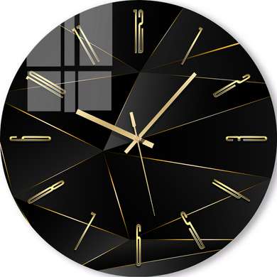 Ceas din sticlă - Geometrie neagră cu linii aurii, 40cm